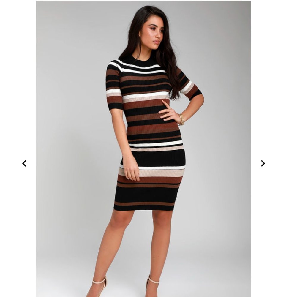 I Like It Black Multi Stripe Ribbed Bodycon Midi Sweater Dress